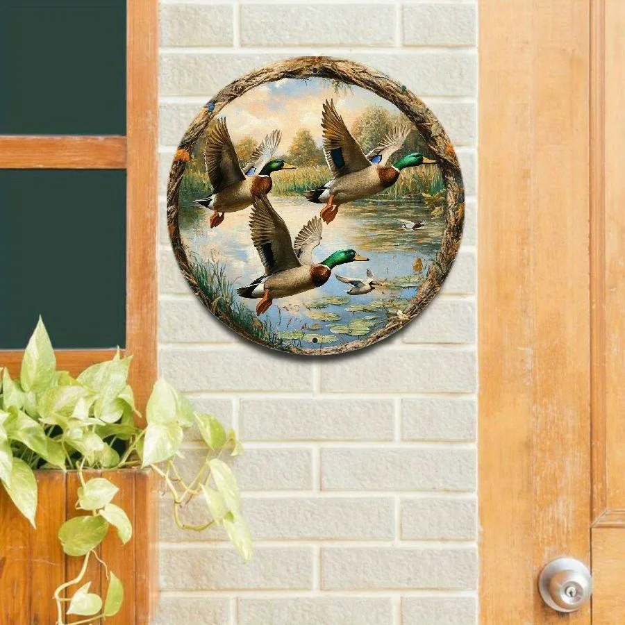 Rustic Mallard Duck Landscape Round Tin Metal Signs Home Décor 8x8