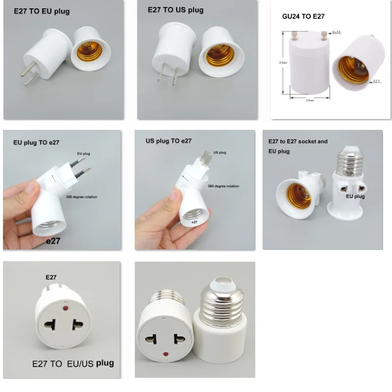 E27 GU24 EU US to E27 EU US type Plug LED light Bulb Base Power Socket Holder AC lamp Adapter Converter ON OFF Button Switch