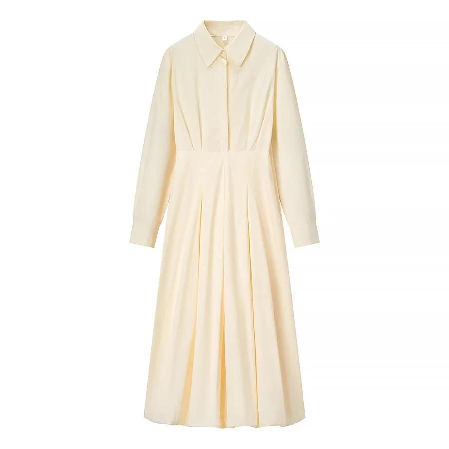 خريف جديد Sle المرأة لون نقي irt Sle ميدي الدكتور مع الطيات الخصر في وطويلة Sve بدوره إلى أسفل طوق الدكتور