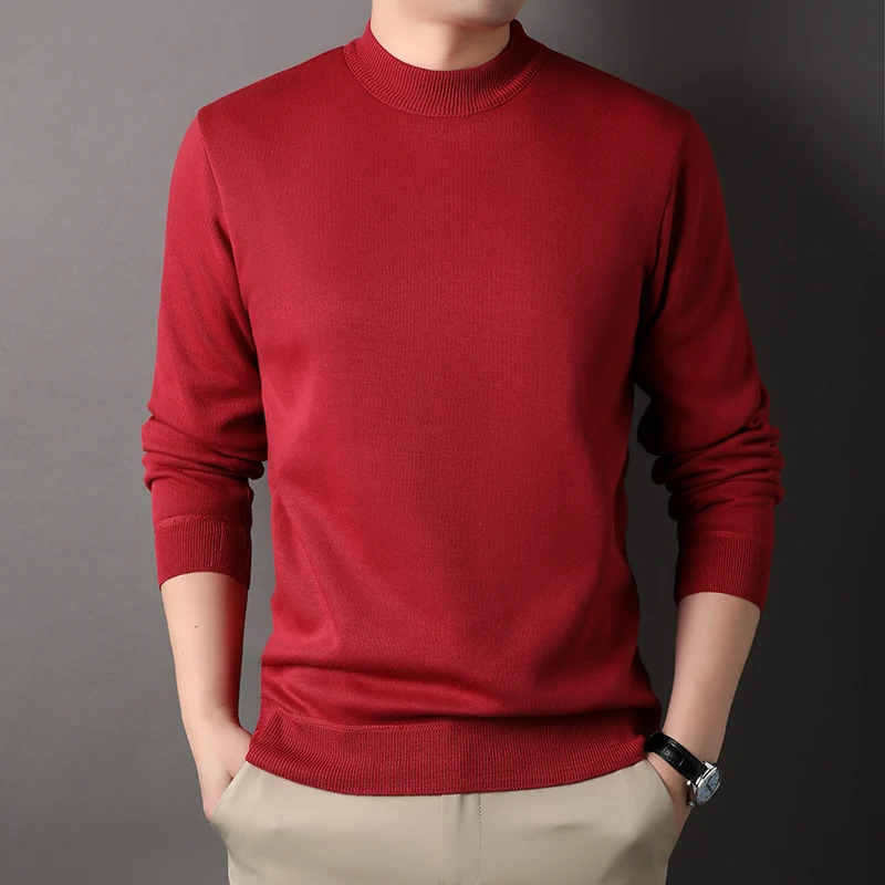 Mens Round Neck Sweater Fleeced Knitwear Solid Color Velvet Jumpers Slim Fit Elegant Luxury Brand Brown Knitted Sweaters