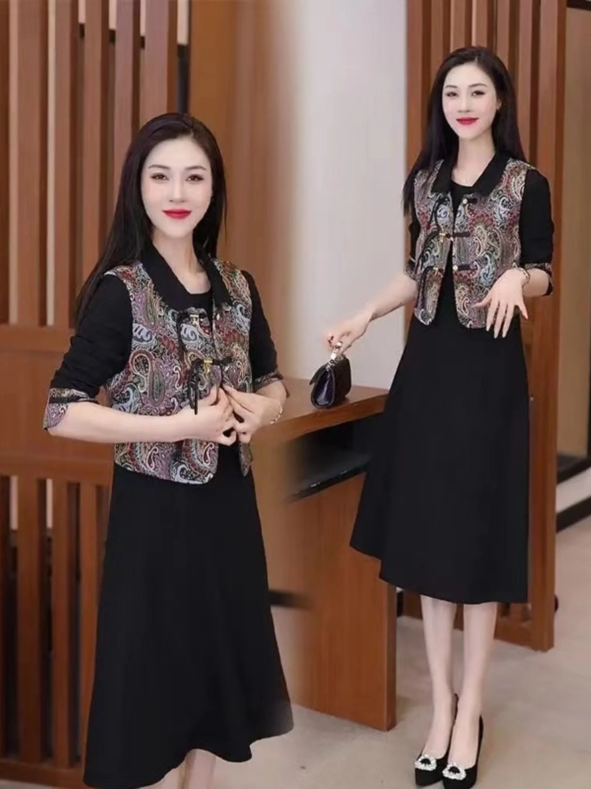 Spring Autumn Fashion Mommy Chinese Style Button Dress Two-Piece Set Mid-Length Skirt for Middle-Aged Women Traditional Natio...