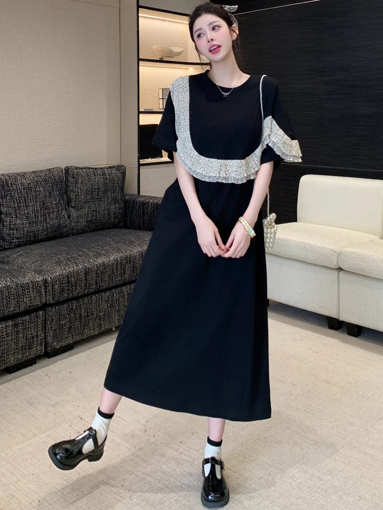 NYFS المرأة فستان صيفي فضفاض حجم كبير موضة كم قصير المرقعة كشكش حافة فستان طويل رداء Ete فام Elbise 2025 جديد