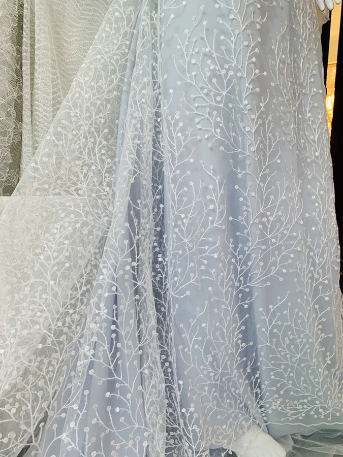 Off White Color Tulle Embroidery Sequined Lace Fabric Dress Lace Material 2022 NEW 1 Yard