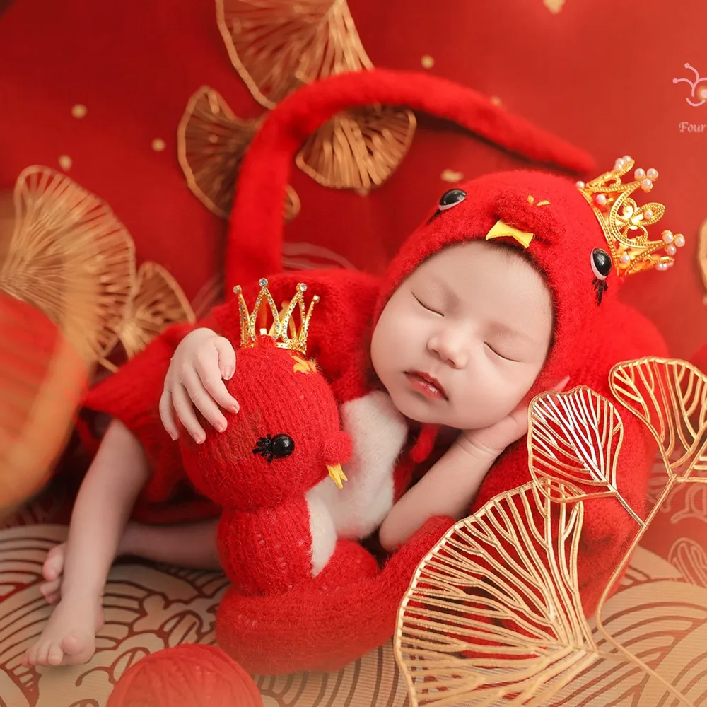 ❤️Newborn Photography Clothing Red Snake Hat+Jumpsuit+Tail+Doll 4Pcs/Set Studio Baby Photo Props Accessories Clothes Outfits