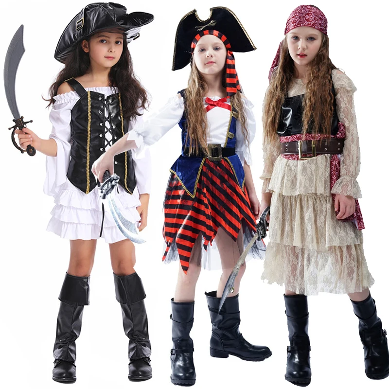 

Halloween Girls' Lace Pirate Skirt Striped Girl Pirate Cos Party Dress Pirate Stage Performance Dress