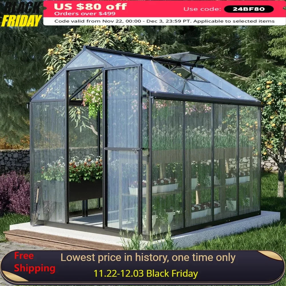 

6' X 8' Garden Greenhouses, Polycarbonate with Heavy-Duty Aluminum Frame, 1 Vent Window & Lockable Door, Walk-in Greenhouses