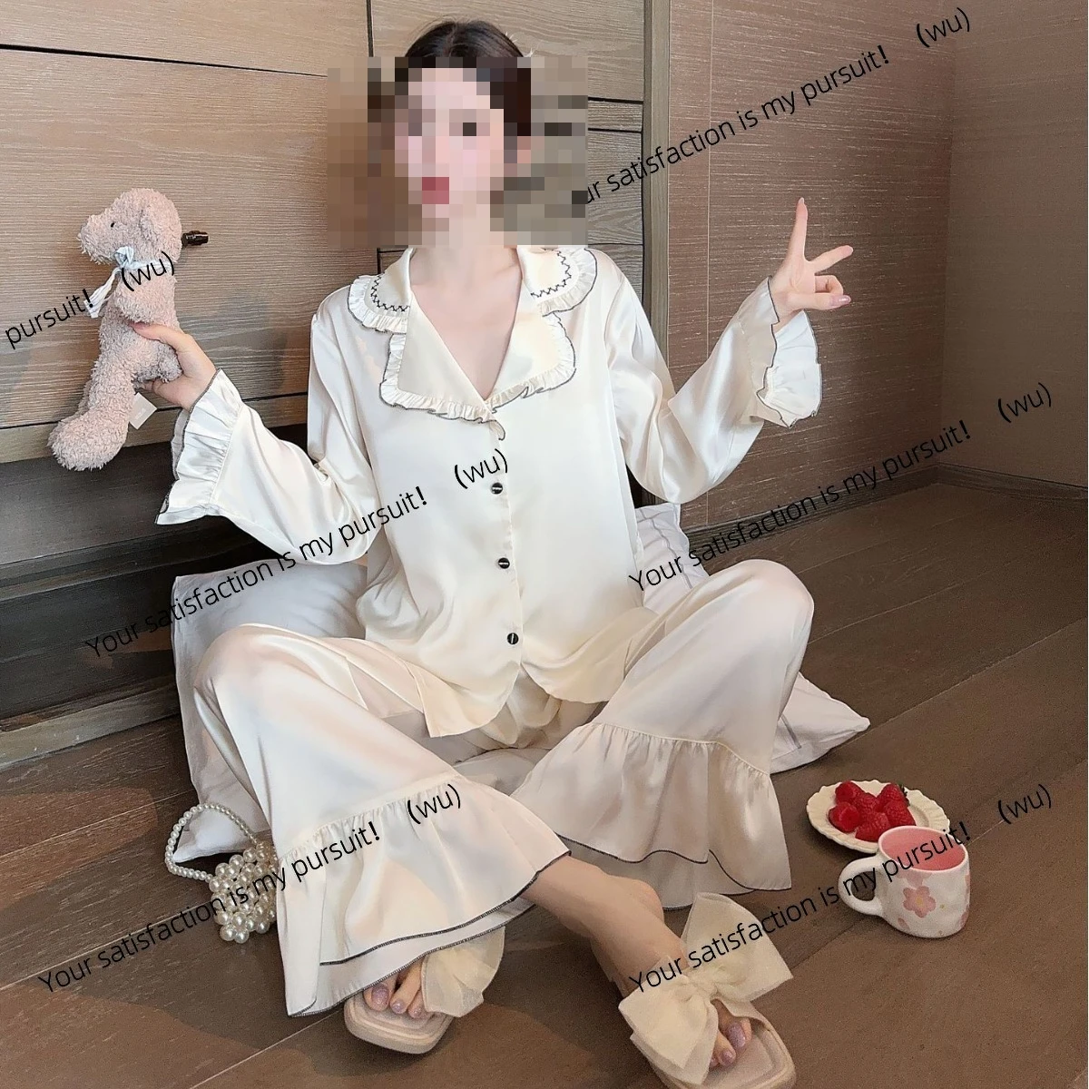 

Домашняя одежда из ледяного шелка для девочек Xiaoxiangfeng, французские кружевные пижамы с длинными рукавами, домашняя одежда, новый костюм из ледяного шелка с длинными рукавами