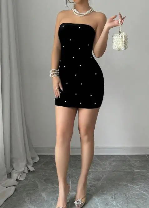 

Summer Women's Sexy and Elegant Style Tight Dress Solid Color Nail Bead Sleeveless Shoulder Bag Buttocks Strapless Slim Skirt
