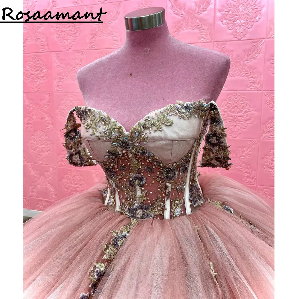 Pink Illusion Crystal Beading Ball Gown Quinceanera Dresses Off The Shoulder Gold Appliques Lace Corset Vestidos De 15 Años