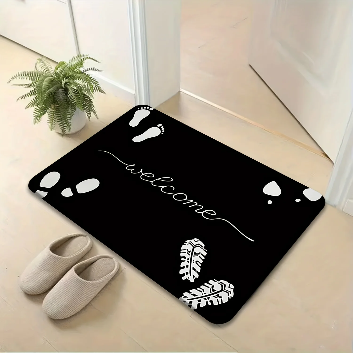 Modern Black Welcome Doormat with White Footprints - Minimalist Entry Floor Mat, Non-Slip Indoor Outdoor Rug, Multiple Sizes
