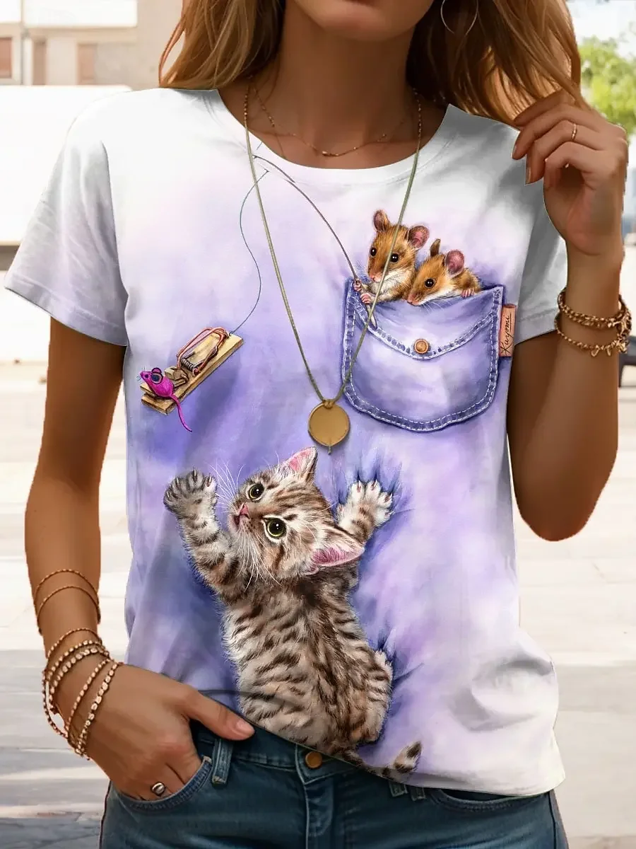 

Женская футболка Kawaii Cats с графикой, стильная повседневная футболка с короткими рукавами и круглым вырезом, обычные топы, повседневная пляжная одежда для выходных, летняя одежда с принтами
