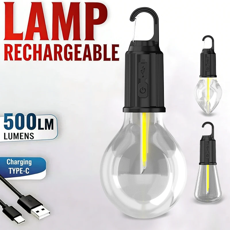 Luz LED Quente para Camping, Recarregável via USB Tipo-C, À Prova D'Água, Portátil, com Gancho, 3 Modos, Iluminação Externa, Luz de Emergência