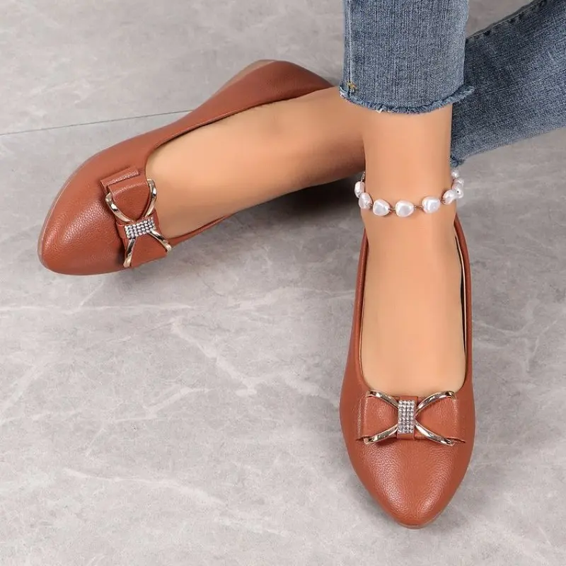 

Shallow Bowknot Flat Leather Shoes for Women Ladies Summer Flat Shoe Female Comfortable and Elegant Pumps Footwear Plus Size 43