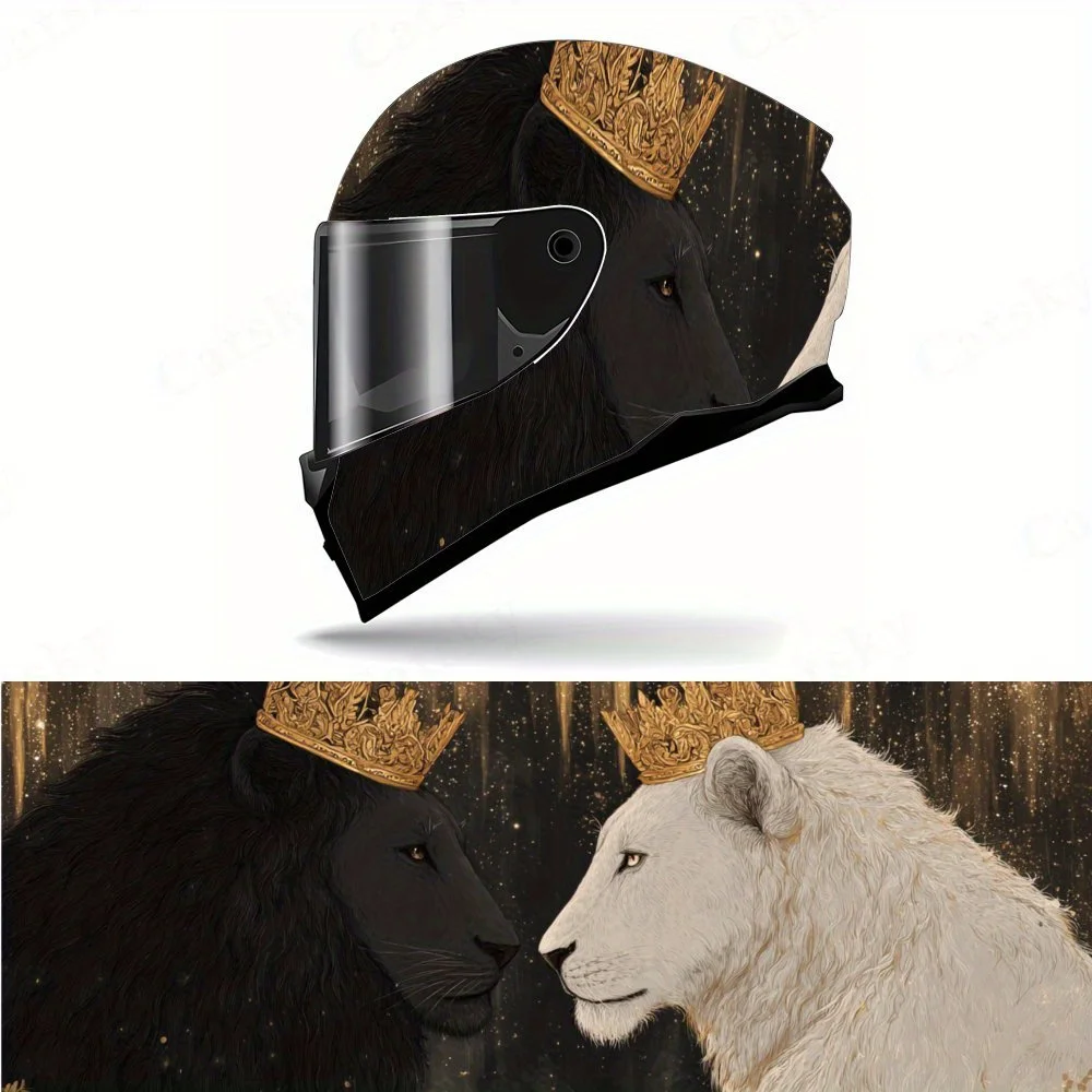 

Black and White Lion With Crown Motorcycle Helmet PVC Protective Sticker, Motorcycle Helmet Exterior Decorative Accessory, Water