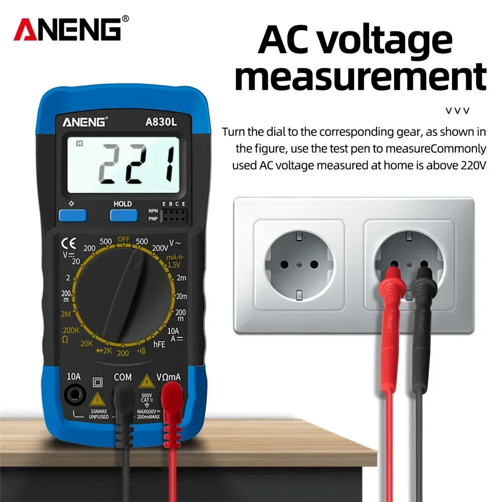 ANENG A830L Digital Multimeter LCD Backlight Voltmeter Ammeter Resistance Diode Tester Data Hold Handheld Electrical Repair Tool