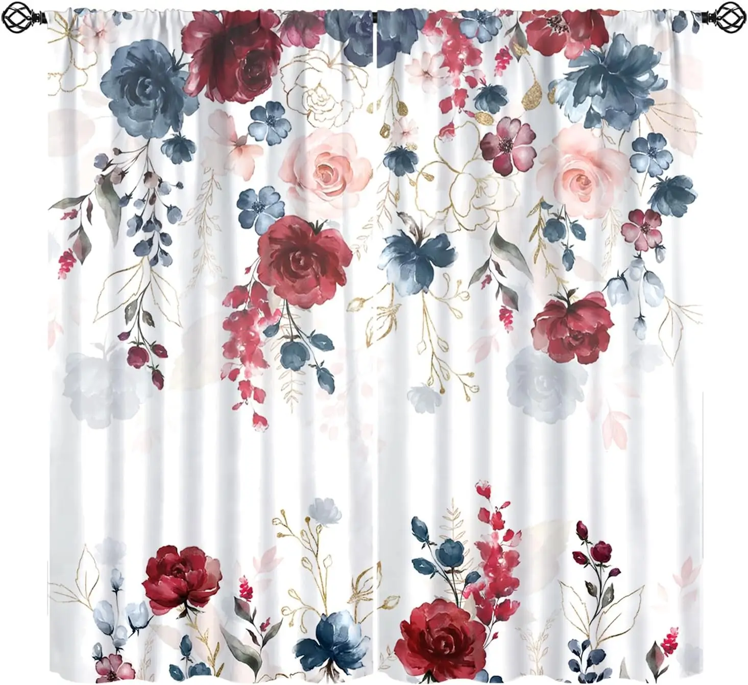 Watercolor Rose Curtains, Bouquets Wildflowers Leaves Rose Branch Print Window Treatments, Rod Pocket Thermal Insulated Drapes