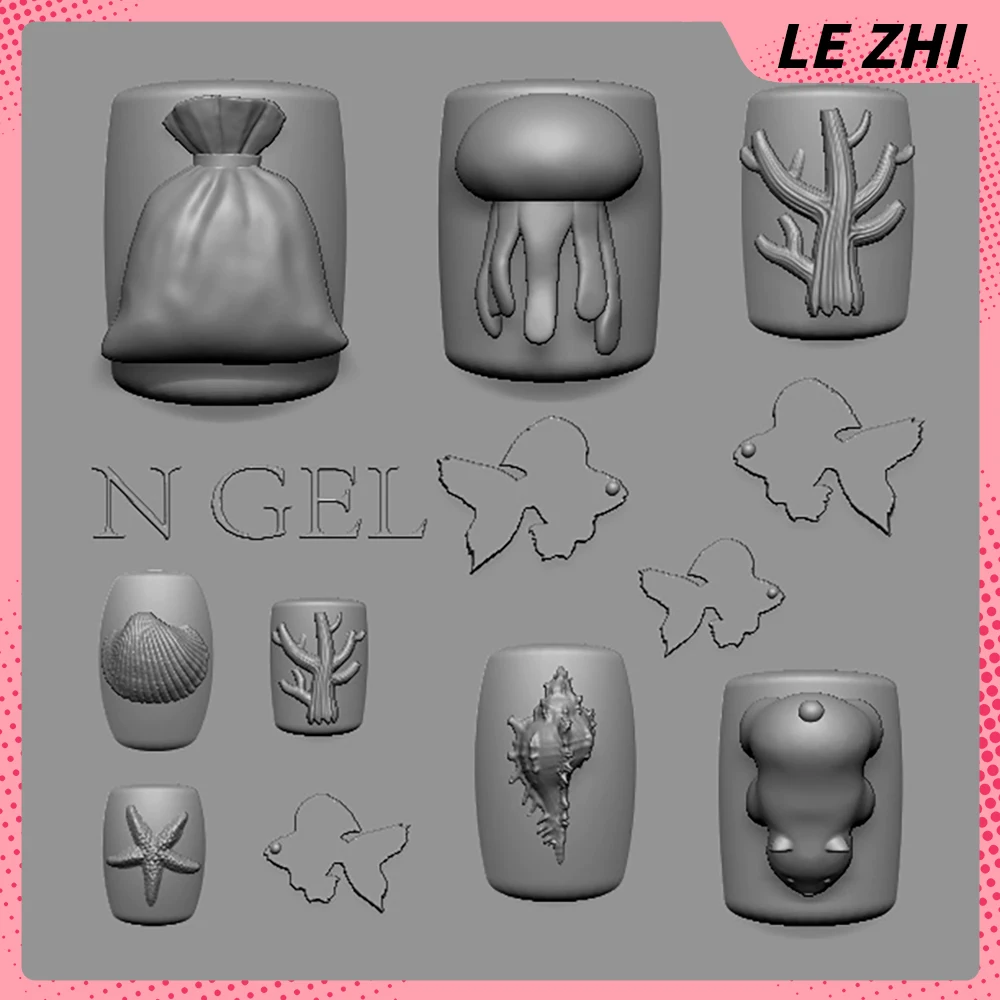 

1Pc Cute Aquarium Diy Design Silicone Nail Art Mold Charm Jellyfish Goldfish Starfish Shell Coral Conch Manicure Accessories