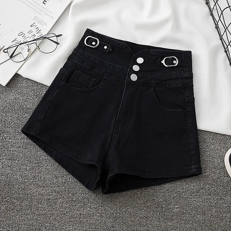 Celana Pendek Denim Elastis Pinggang Tinggi Model A-Line Korea untuk Wanita, Musim Panas, Kancing Depan, Efek Langsing, Kaki Lebar