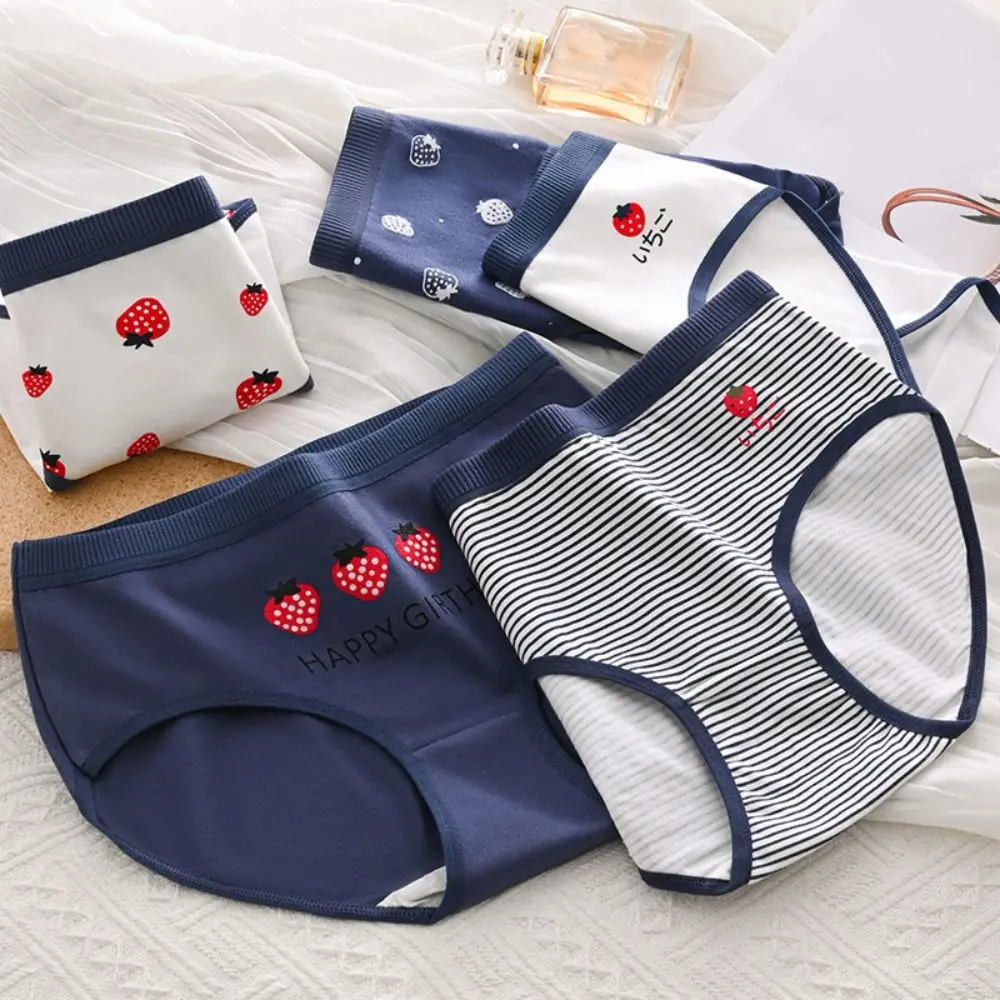

5PCS Breathable Stripes Love Heart Panties Low Waist Bowknot Strawberry Briefs Underpants Women Underwear Underwear