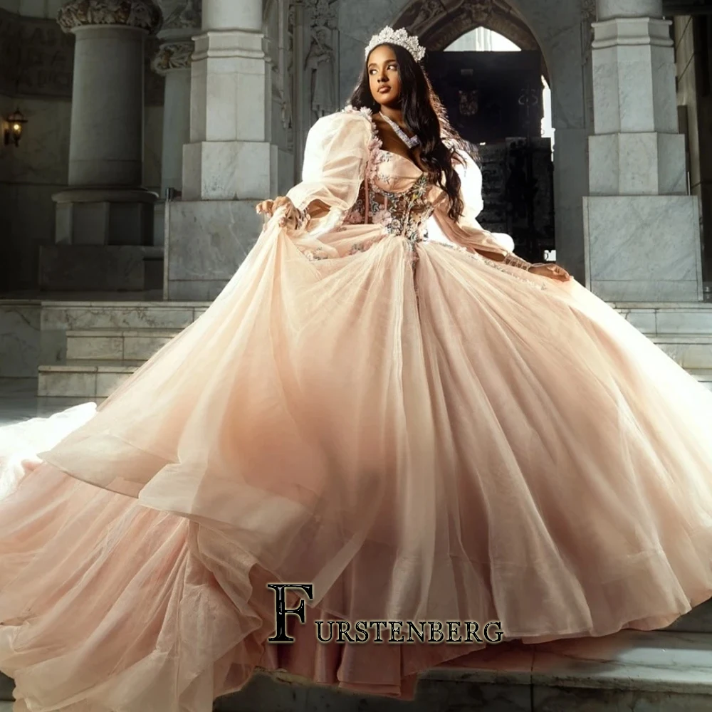 فستان FURSTENBERG Quinceeneara للفتيات السود بأكمام طويلة وطول الأرض فساتين حفلات الزهور 15 Anos Vestido مخصص #1