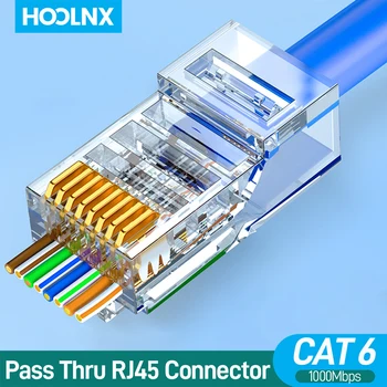 Passagem do conector de hoolnx rj45 através de cat6a cat6 50u banhado a ouro plugue modular para utp stp 23-26awg sólido ou encalhado cabo ethernet