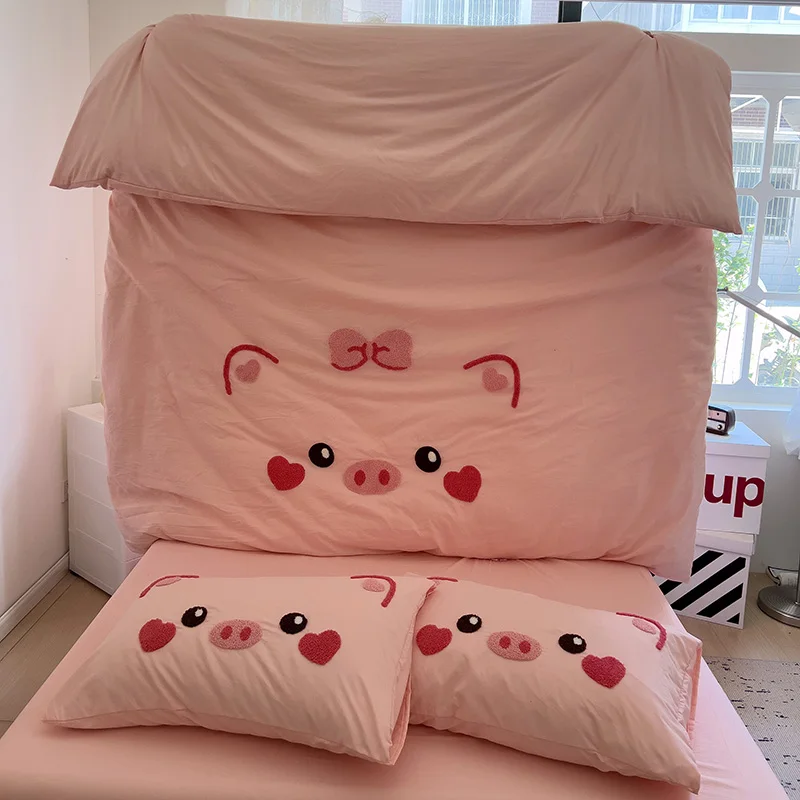 Kawaii Pink Pig Duvet Cover 4pcs Bedding Set Kids Girls Bedroom Quilt Cover Polyester Comforter Cover 1 Flat Sheet 2 Pillowcases