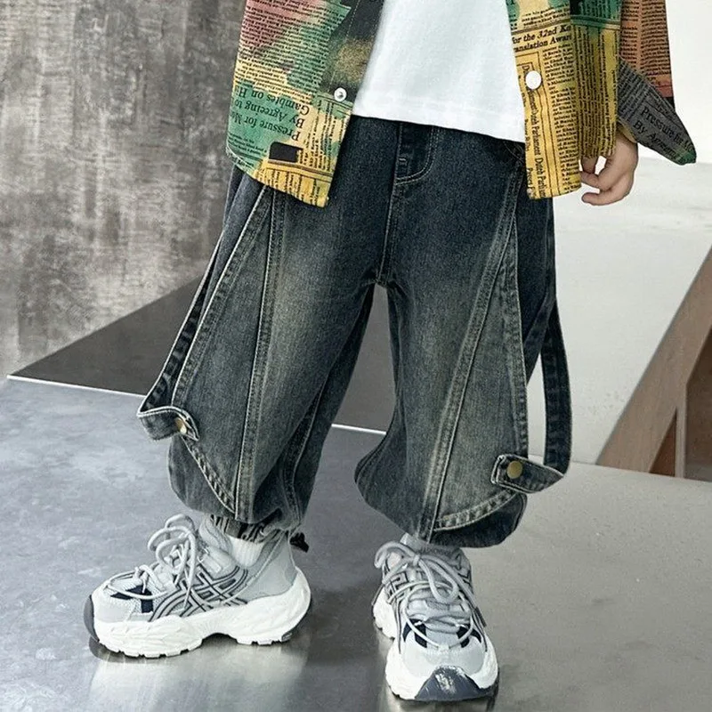 

Джинсы для маленьких мальчиков, модные красивые детские джинсовые штаны с лентой, детские брюки для детей 2–10 лет, штаны для мальчиков, детские мешковатые штаны