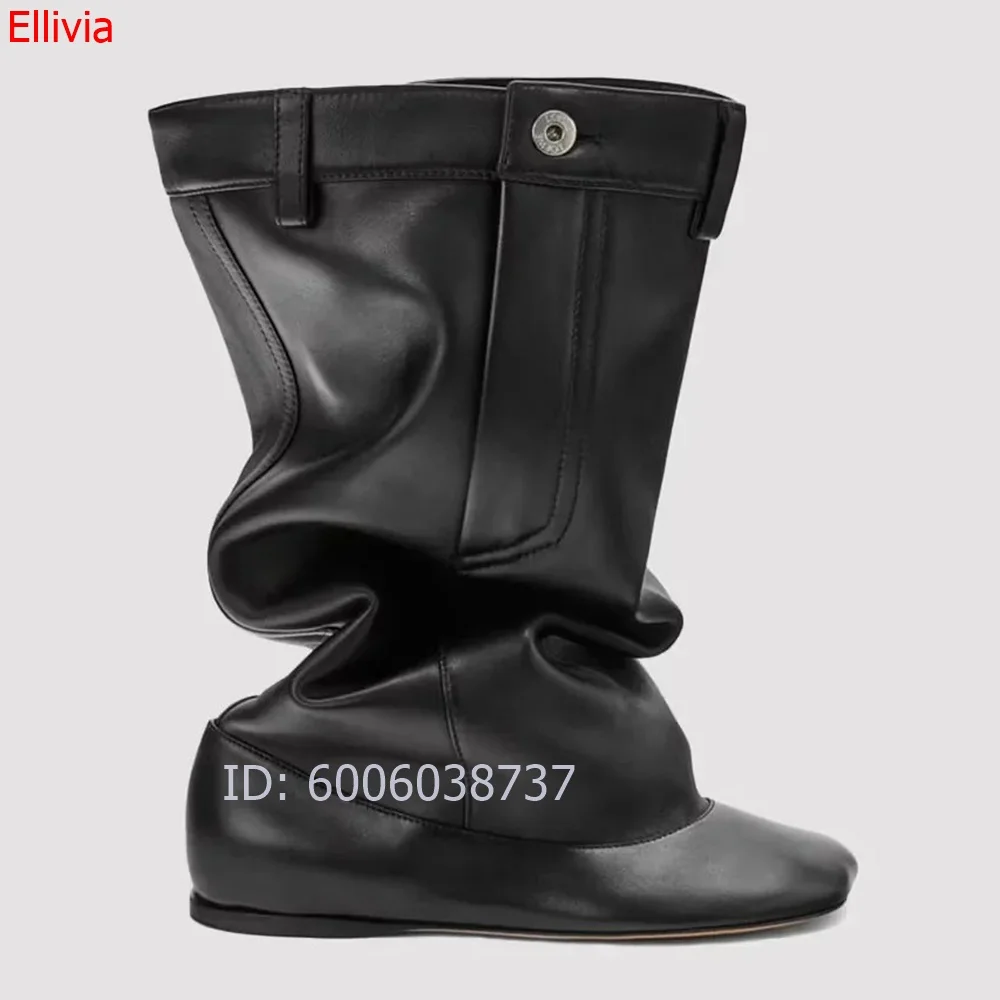 Women Slouch Mid Calf Boots Square Toe Pocket Detail  Leather Pull On Flat Boots Ladies Stackable Shaft Fashion Dress Boots
