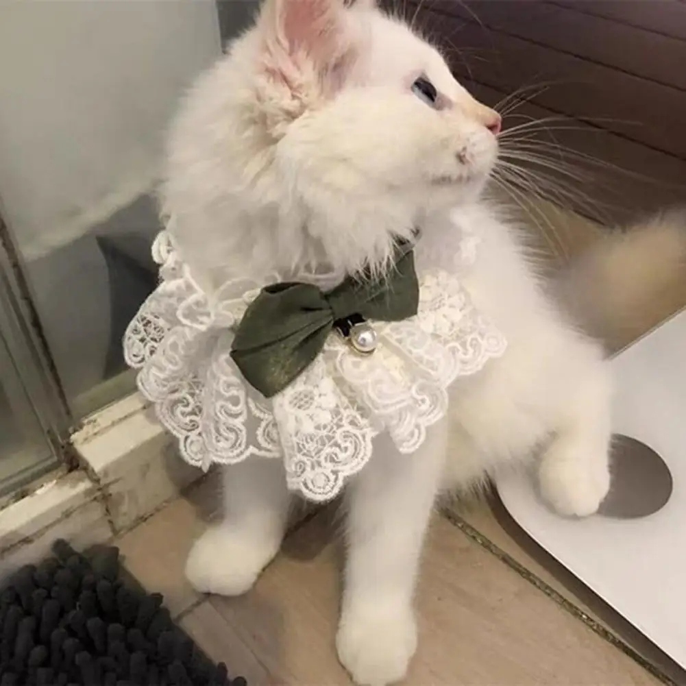 Lace Bowknot Pearl Collar Cat Dog Neckerchief Cute Cats Dogs Bowknot Neckerchief with Bell Pet Bows Necklace Pet Bowtie Gift