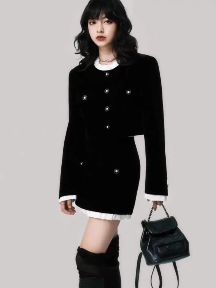 Autumn French Elegant Two Piece Velvet Skirt Set Women Winter Long Sleeve Single Breasted Short Coat+A-Line Mini Skirt Outfit