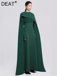 DEAT Elegant Dress Contrasting Shawl Folds Long Sleeves Slim Pleated Women's Evening Party Dresses 2024 Autumn New Tide 13DL641