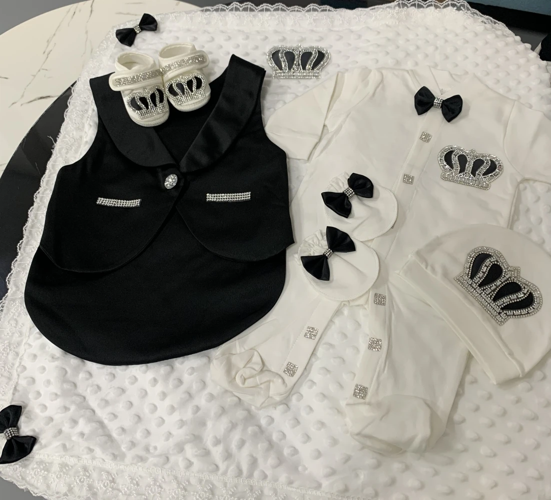 5pcs Newborn Baby Boy Outfits Blazer Vest Kids Clothing Cotton Infant Products Body Suit Shirt Pants Mittens Receiving Blanket