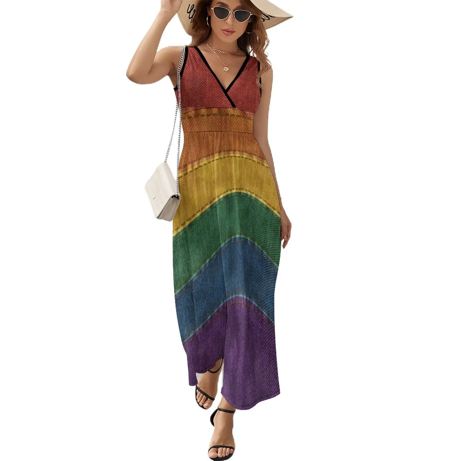 

Denim Textured Seamless LGBTQ Pride Rainbow Flag Background Sleeveless Dress elegant evening dresses for women 2024 beach dress