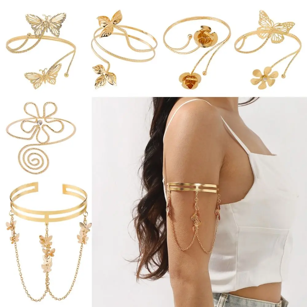 Open Arm Bracelet Adjustable Bangle Hollow Out Butterfly Shape Arm Cuff Flower Decor Lady Party Cosplay Performance Jewelry