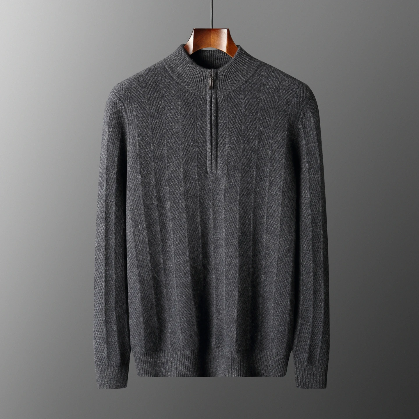 Autumn Winter 100% Merino Wool Knit Pullover Men's Semi-High Neck Thick Sweater herringbone pattern Loose Youth Shirt Warm Tops