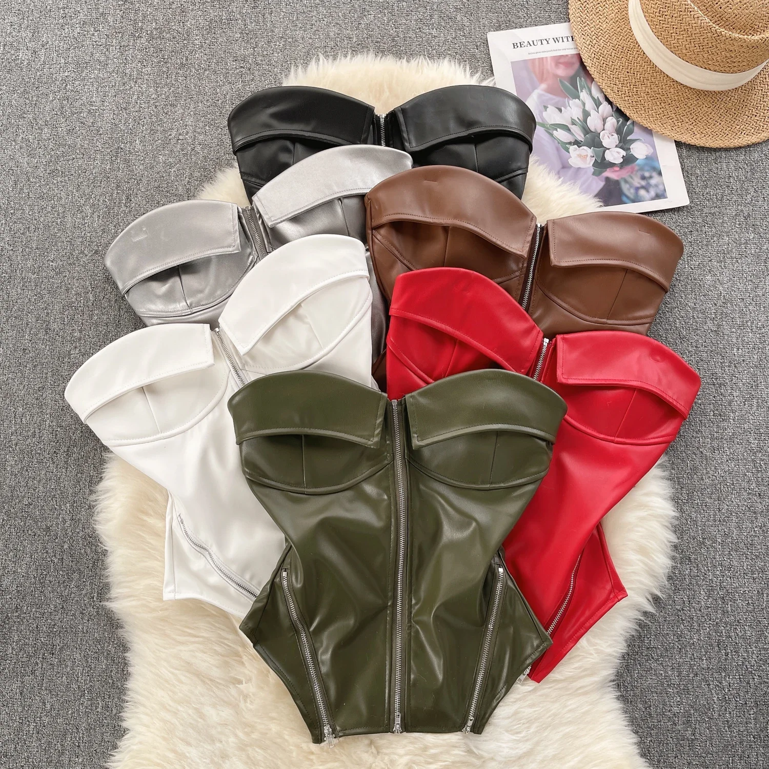 

2026 New Strapless PU Leather Short Tank Top Fashion Zipper Design Slim Chic Backless Camis Ladies Streetwear Club Sexy Top