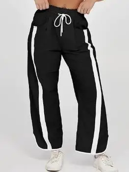

Casual Loose Wide Leg Pants with Drawstring, Elastic Waistband, Contrasting Color, Women's Waterproof Outdoor Sports Pants