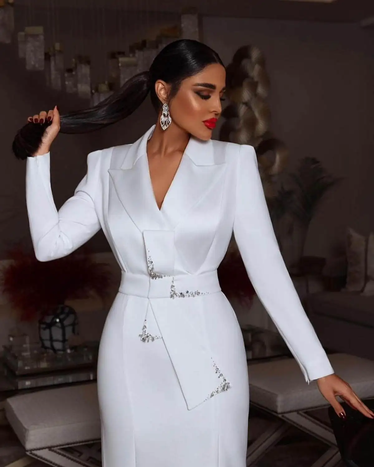 White Women Blazer Dress Plus Size Slim Jacket With Belt Prom Evening Guest Formal Wear Custom Made Satin