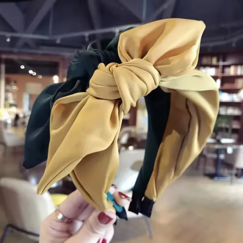 

New Korean Version of Green Purple Satin Bow Headband Pressure Hair Reduction Age Cute Wide-Brimmed Headband Hair