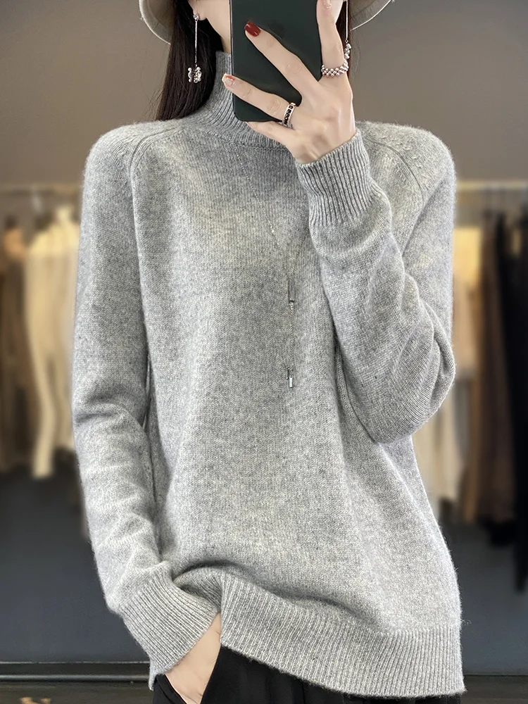 Autumn Merino Wool Sweater Mockneck Cashmere Pullover Knitwear Women Fashion Basic Slim Long Sleeve Spring Clothing Tops