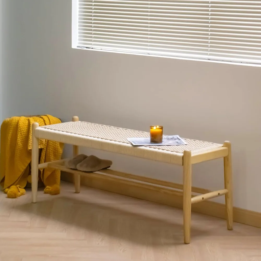 

Solid Wood Entryway Bench with Shoe Storage, Rustic Oak and Woven Design 45 Inch Long Seating for Living and Dining Rooms