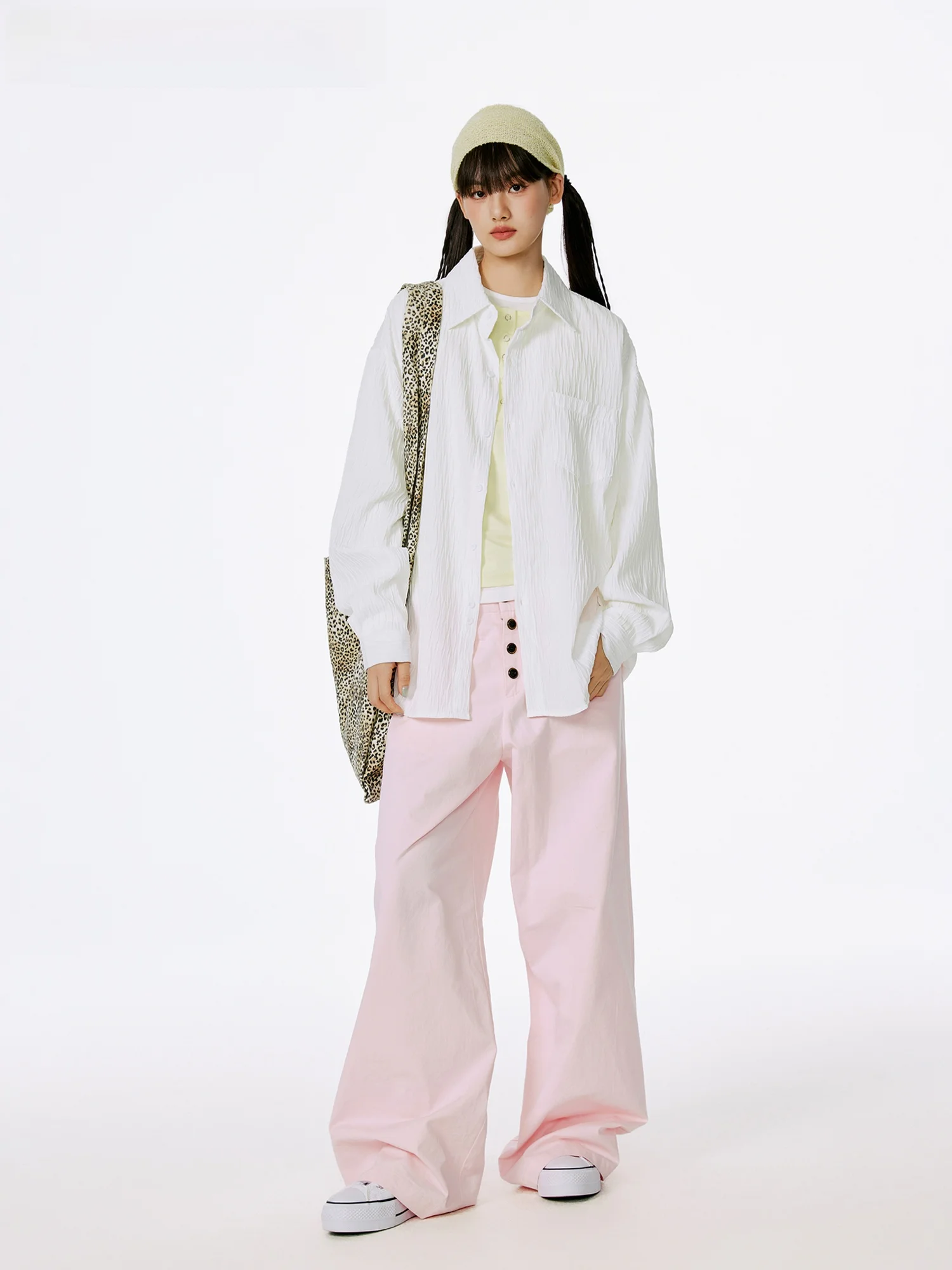 

Женская белая рубашка Burgenland, лето 2026: фактурная, универсальная, с длинным рукавом, в корейском стиле, свободного кроя, из смесового полиэстера