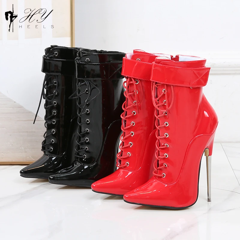 New Sexy Pointed Toe Fetish Ankle Boots18CM Super High Heel Stiletto Metal Heels Ladies 7Inch Strap Wrap Shoes