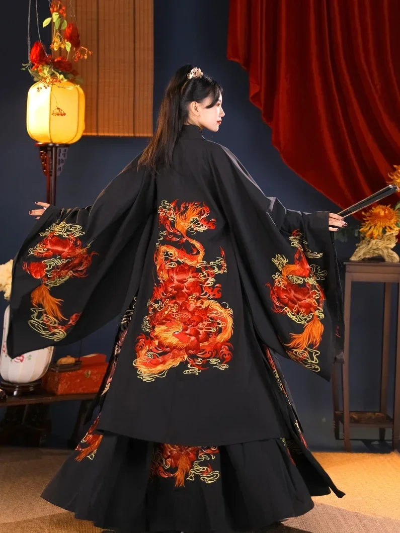 Vestido bordado tradicional chinês para mulheres, hanfu vermelho, terno de manga grande, conjunto hanfu preto de fada, noiva e noivo