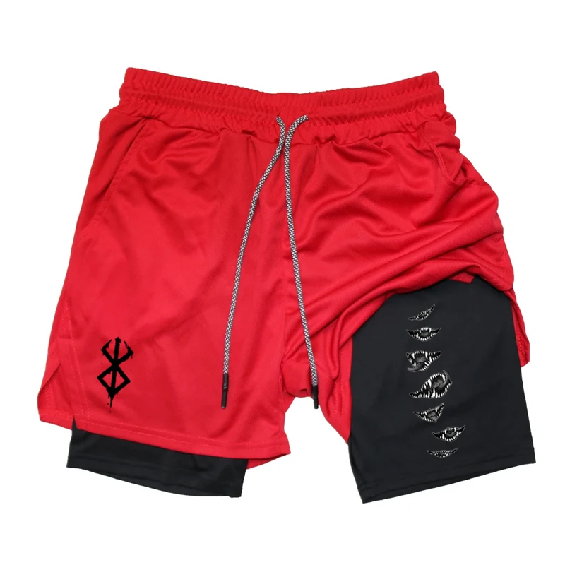 2024 New Men's Fitness Training Tights Shorts Berserk Guts Print Summer 2 in 1 Mesh Quick Dry Beach Casual Jogging Sports Shorts