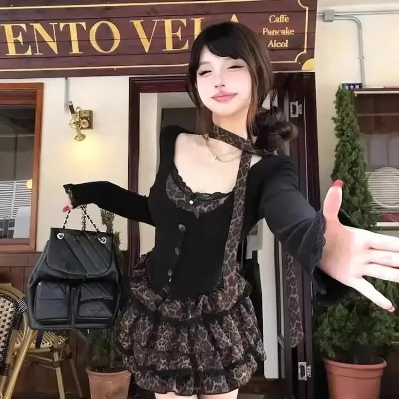 

Spring Autumn Two Pieces Skirt Set Women Y2K Crop Tops T-Shirt + Cake Skirts Elegant Long Sleeve Chic Blouse+ Mini Ruffle Skirt