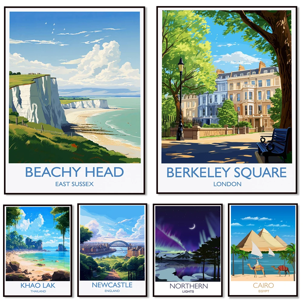 Berkeley Square, London Knightsbridge, Fulham, Northern Lights, Pyramids, East Sussex Coast, Cotswolds, Newcastle travel poster