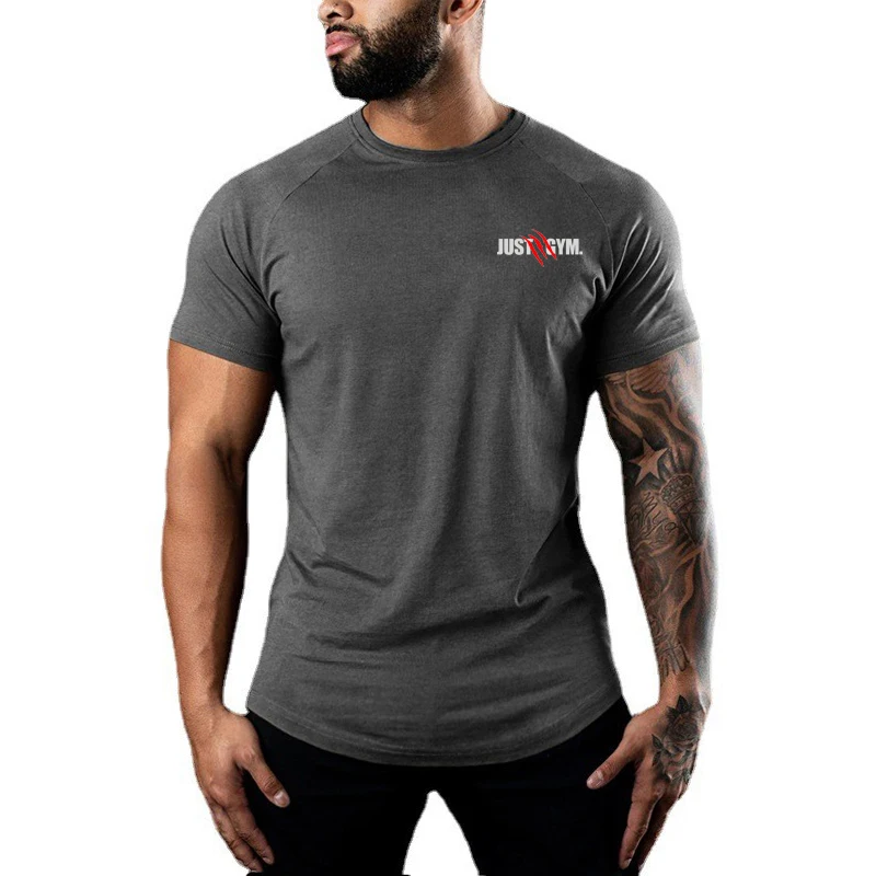 New Summer Men Cotton Gym Shirt Raglan Sleeve Breathable Workout Tee Running Basketball Training Top Absorb Sweat Elastic Fitnes