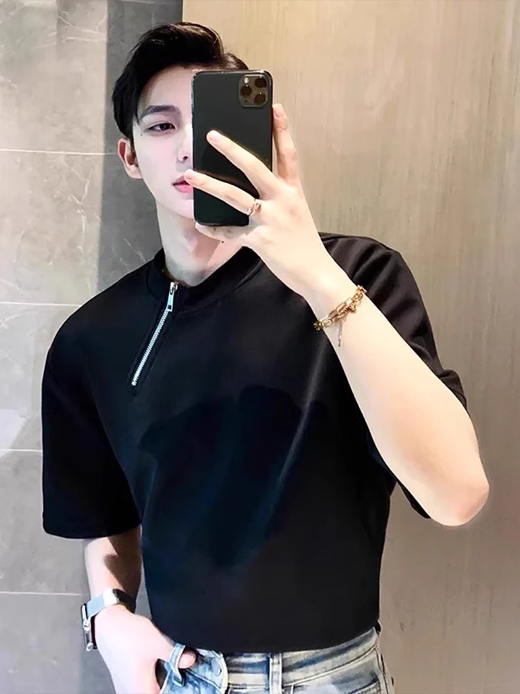 Slim Fit ort Sve T-irt Men's Design Sensation Pure Bla Heavyweight Small Collar Trendy Brand Street Sle f Zipper