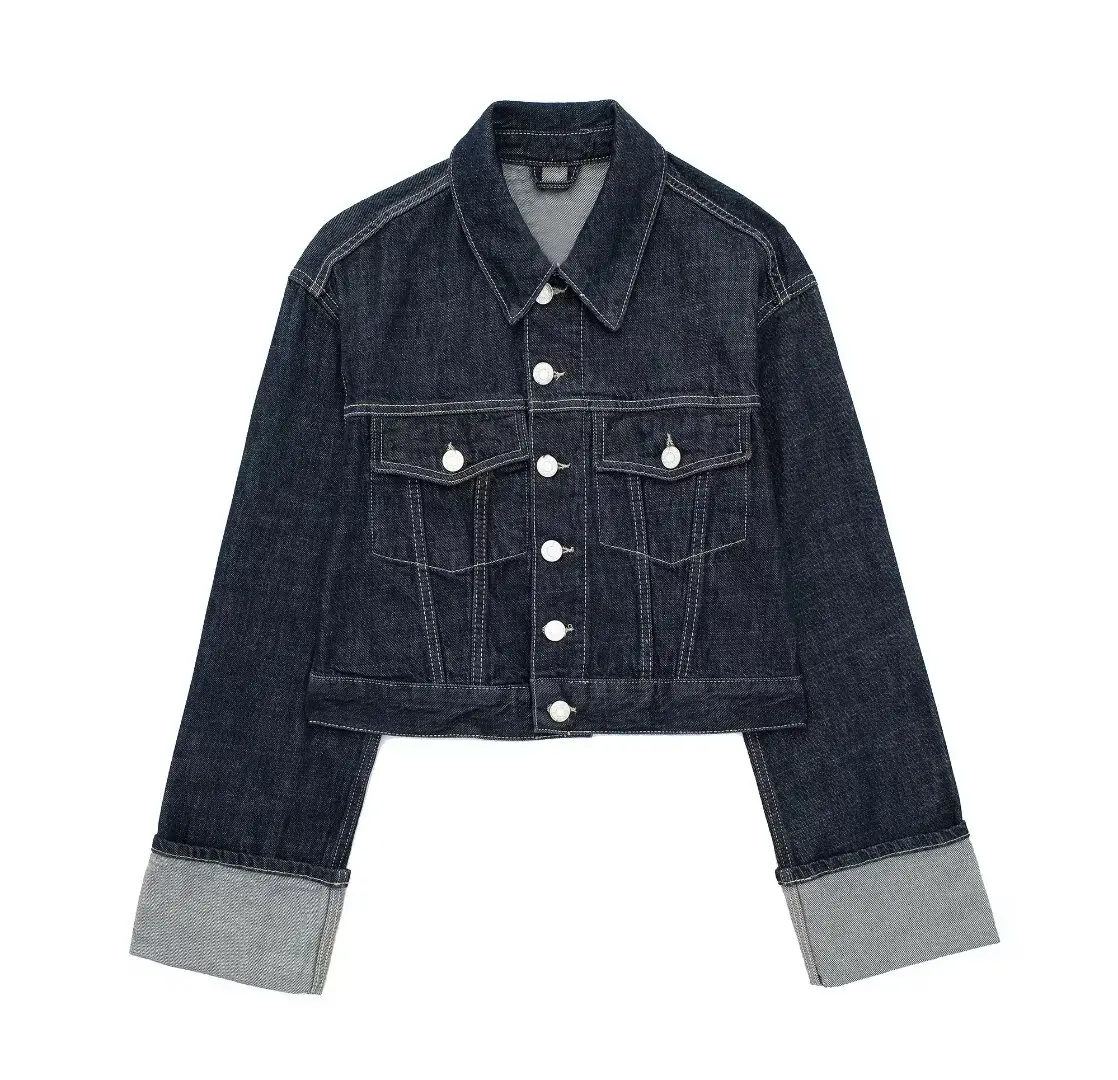 HH Women Vintage Denim Jacket Single Breasted Lapel Long Sleeve Coat With Pockets Dark Blue Denim Jacket Fashion High Street Top